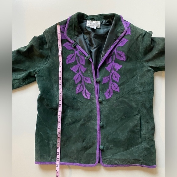 Vintage Linea By Louis Dell’Olio Green Floral Button Suede Leather Jacket Medium - Picture 5 of 8